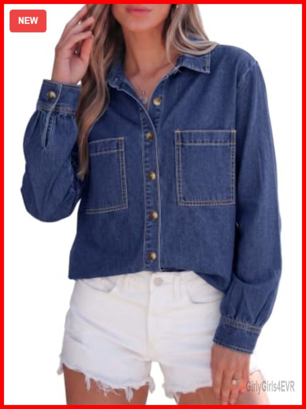 Long Sleeve Button Down Denim Shirt Relaxed Fit Casual Blouse